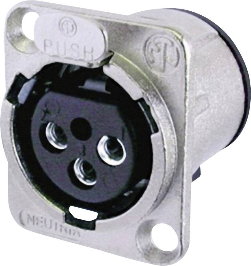 Metal 3-pin XLR plug, used for audio connections, with a push button on top and circular socket.