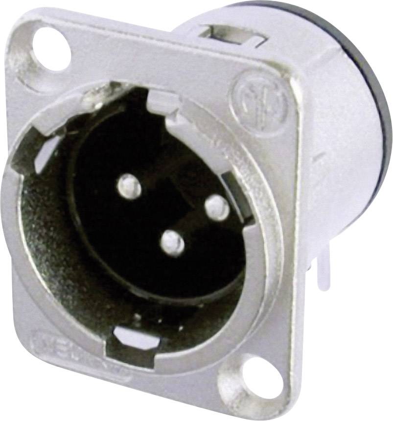 A silver XLR plug in close-up. The plug has three pins and is suitable for audio connections.