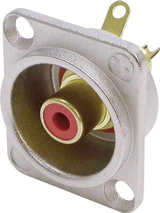 A metal RCA socket component with a red inner ring and gold-plated contact pins, mounted in a square housing with four screw holes.