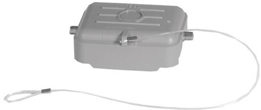 Grey plastic case with two connections and an attached wire loop.