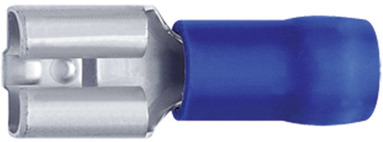 Blue, insulated flat terminal with metal tag, for secure connection of electrical cables in plug and crimp applications.