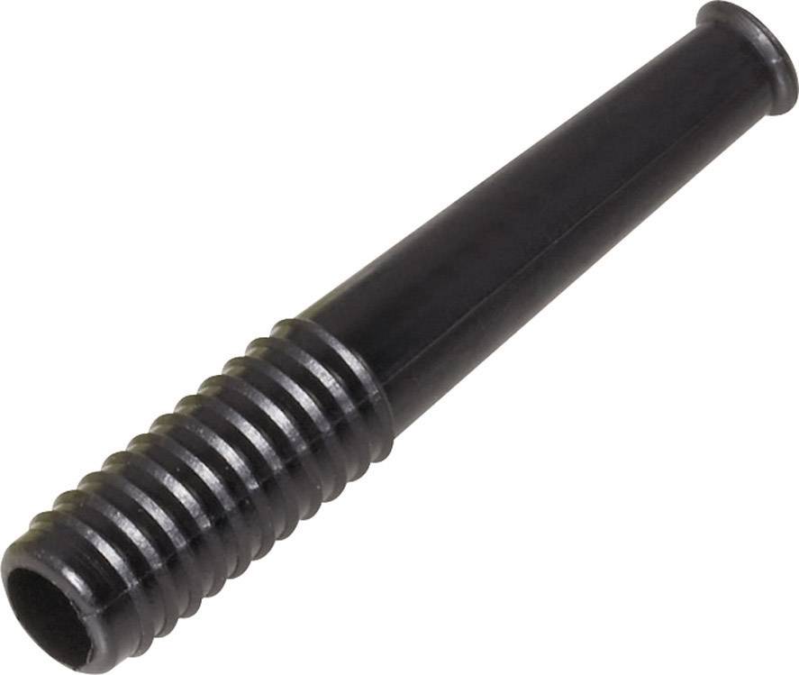 Black rubber tip of a walking aid, ribbed for better grip.