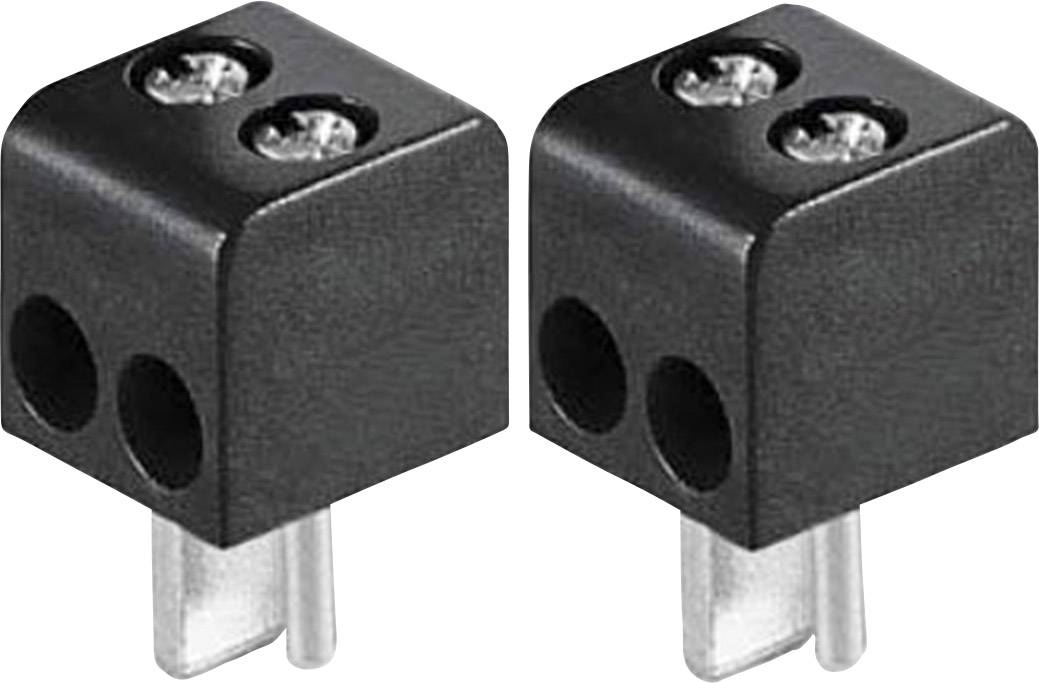 Two black, two-pole connector plugs with screw terminals, suitable for electrical connections on a circuit board.