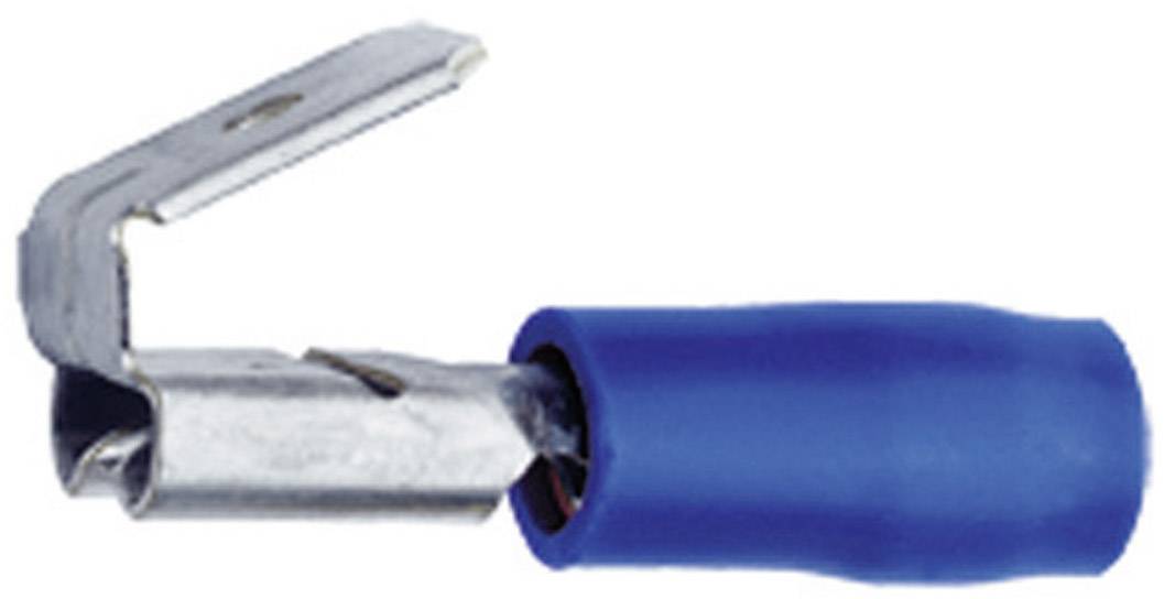 Metal plug with blue plastic insulation, showing an angled connection.