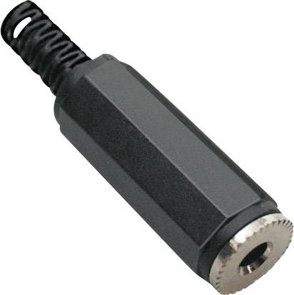 Black audio adapter with metal connector, manufactured from plastic and metal. Suitable for audio connections.