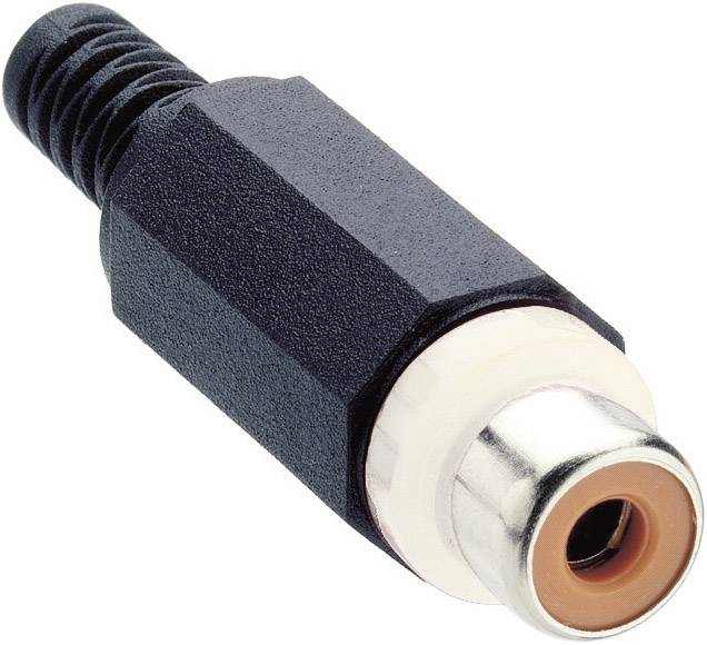 A black RCA plug with a metal connector, used for audio signals.