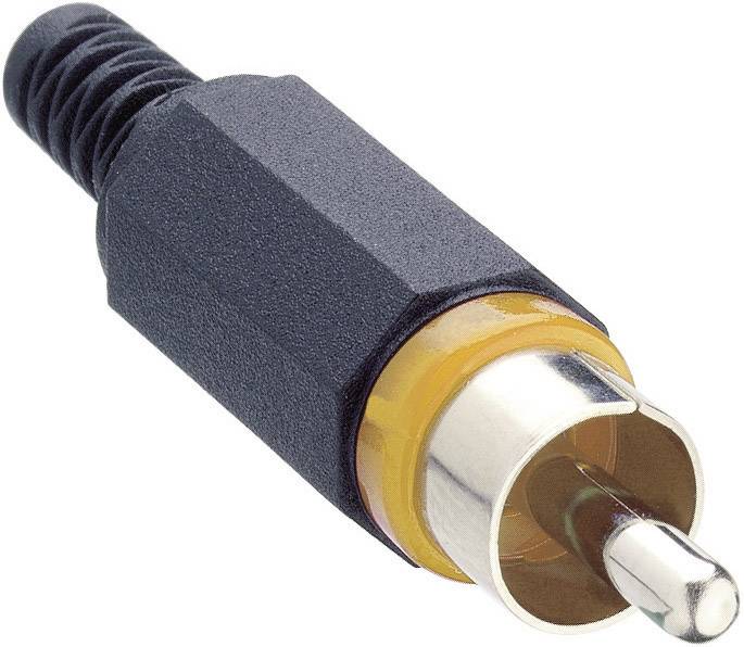 Black RCA plug with an orange ring and metallic tip for connecting electrical audio devices.Note: The translation is in British English, maintaining the technical description and terminology while using natural language.