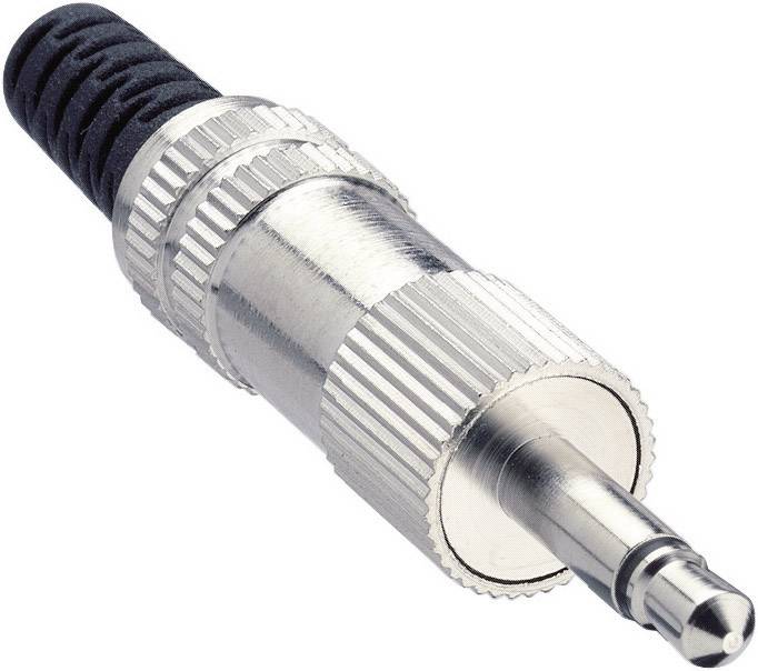 A silver-coloured 3.5mm jack plug with a ridged surface and black cable end. Primarily used in audio devices.