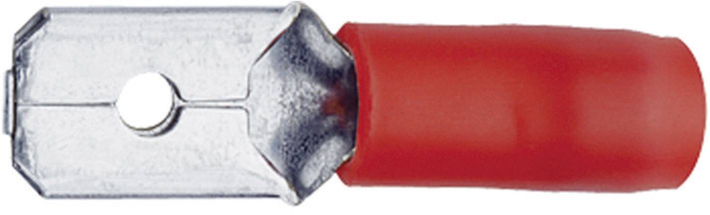 A red, isolated flat pin sleeve cable lug made of metal with a fixing hole, suitable for electrical connections.