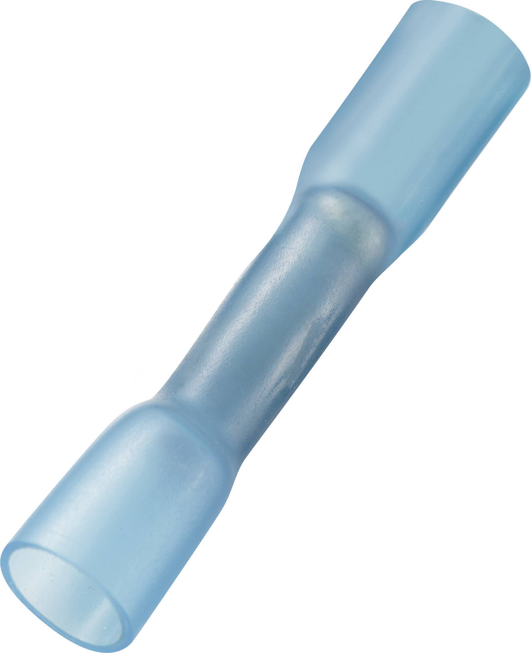A blue, transparent heat shrink connector. Suitable for electrical connections and cable insulation.