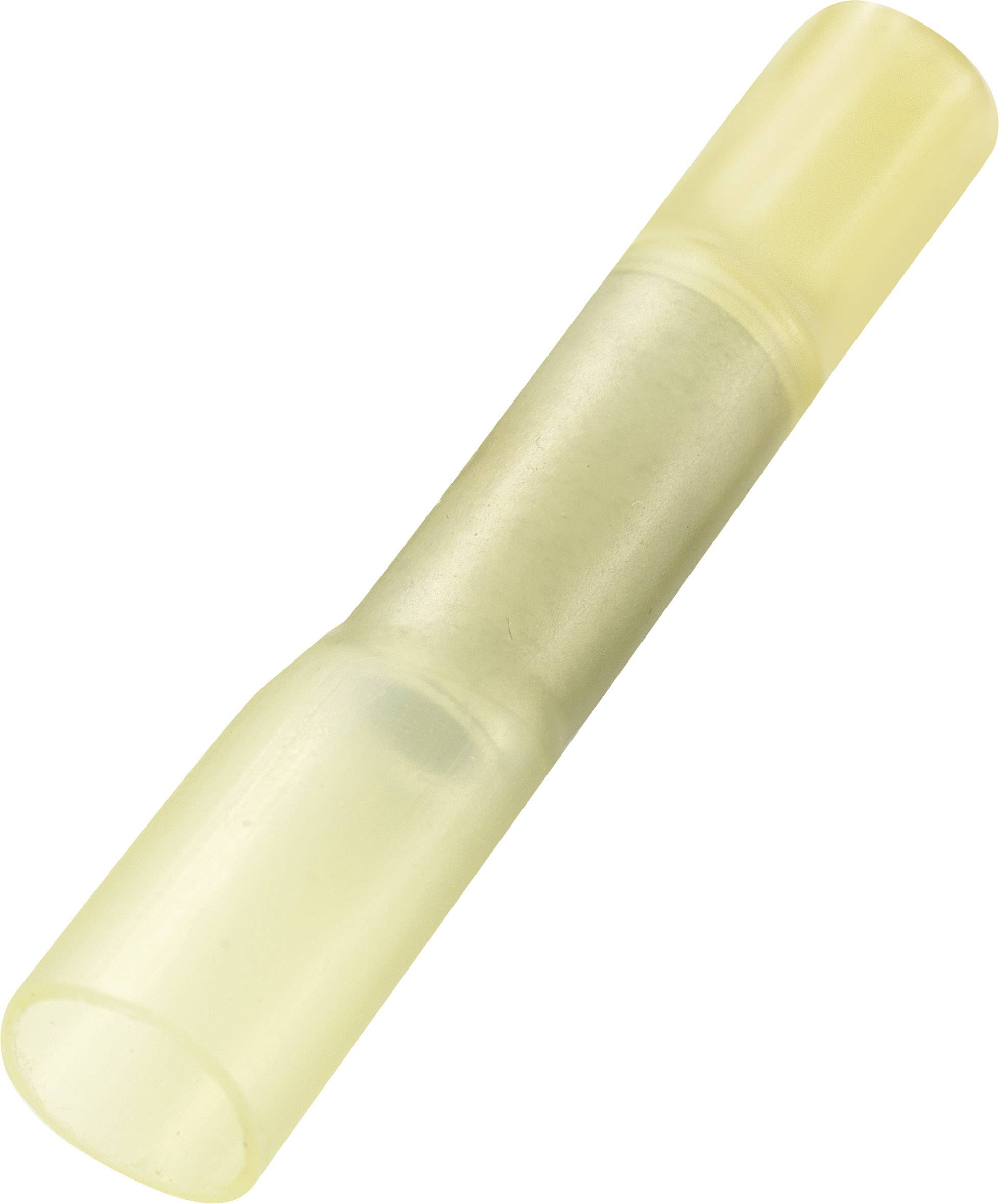 Yellow plastic crimp connector with transparent middle section for cable connection and insulation.