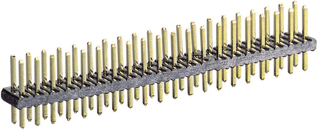 A two-row pin header with gold-plated pins and a black plastic strip, a typical connector component for electronic devices.