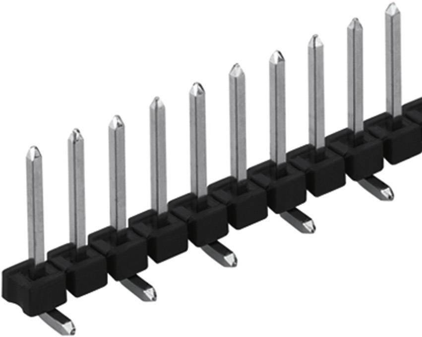 Single-row pin header with nine metal pins and a black base for use on printed circuit boards.