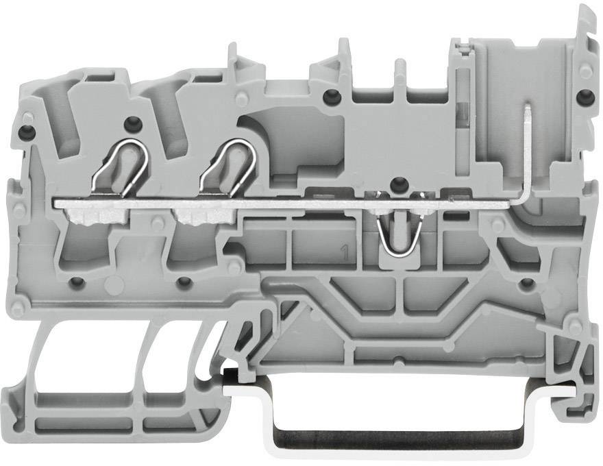 Plastic electrical terminal block with multiple connections and metal components, for securing wires.
