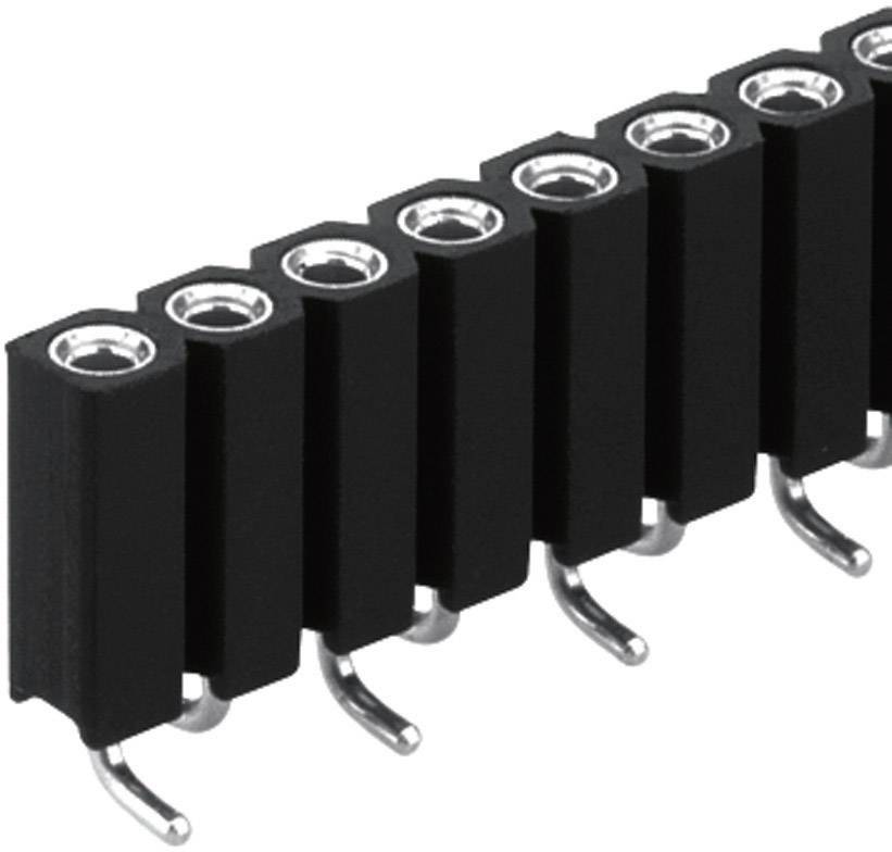 A black connector strip with multiple metal contacts for soldering onto a circuit board, commonly used in electronic projects.