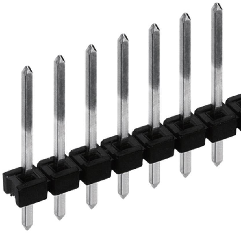 Pin header with multiple metal pins on a black plastic base, a typical connecting element in electronic devices.
