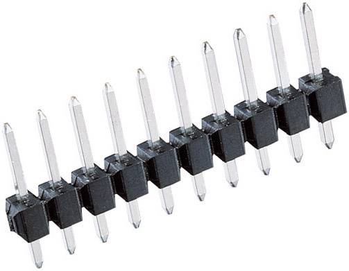 A multi-pin header with several metal pins, secured in a black plastic base. Commonly used in electronic circuits.