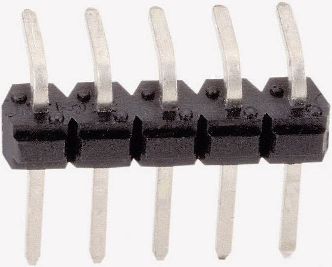 A vertical header with five pins situated on a black plastic base, each featuring curved metal contacts.