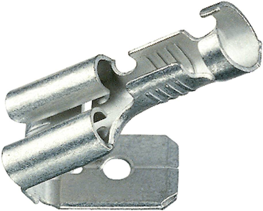 Metal clip for attachment to a surface, with curved design and hole for screw fixing.