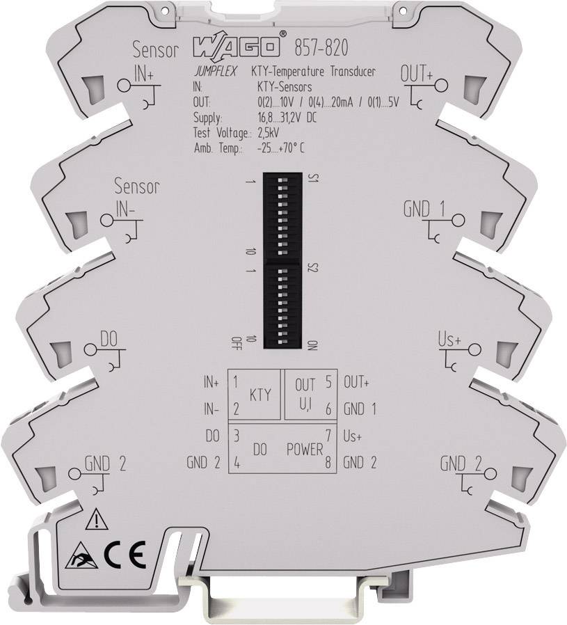 Temperature Converter with Sensor Input/Output, suitable for KTY sensors, 24V, -25 to 70°C, with CE and C-ULus certification.