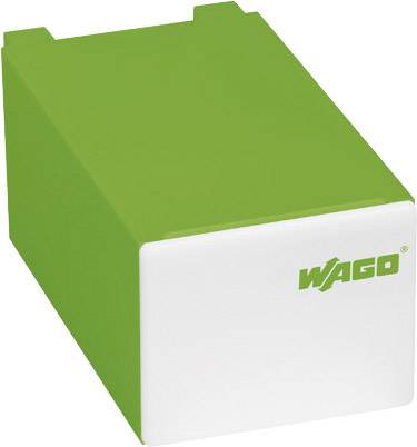 A green, cuboid object with a white front side and green logo; representation of a technical-industrial component.