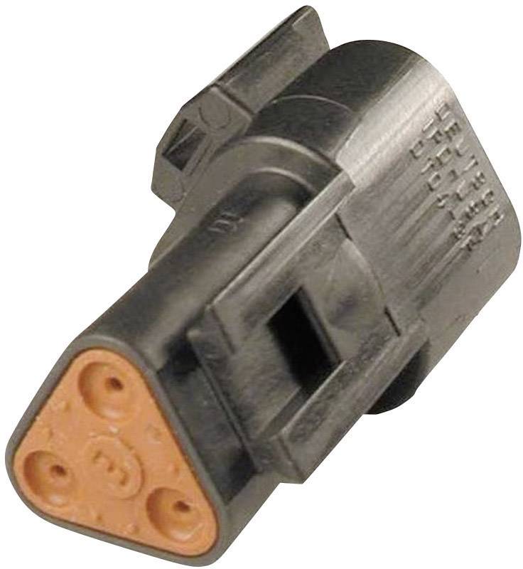 A black connector with an orange triangular end, three round plug sockets, and a side locking mechanism.