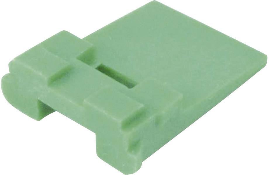 A green plastic clip with a flat design, commonly used for securing or holding thin objects or materials.