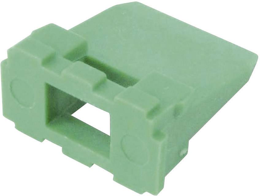 Green plastic clip with rectangular opening, side view. Used for plug connections in electronic applications.