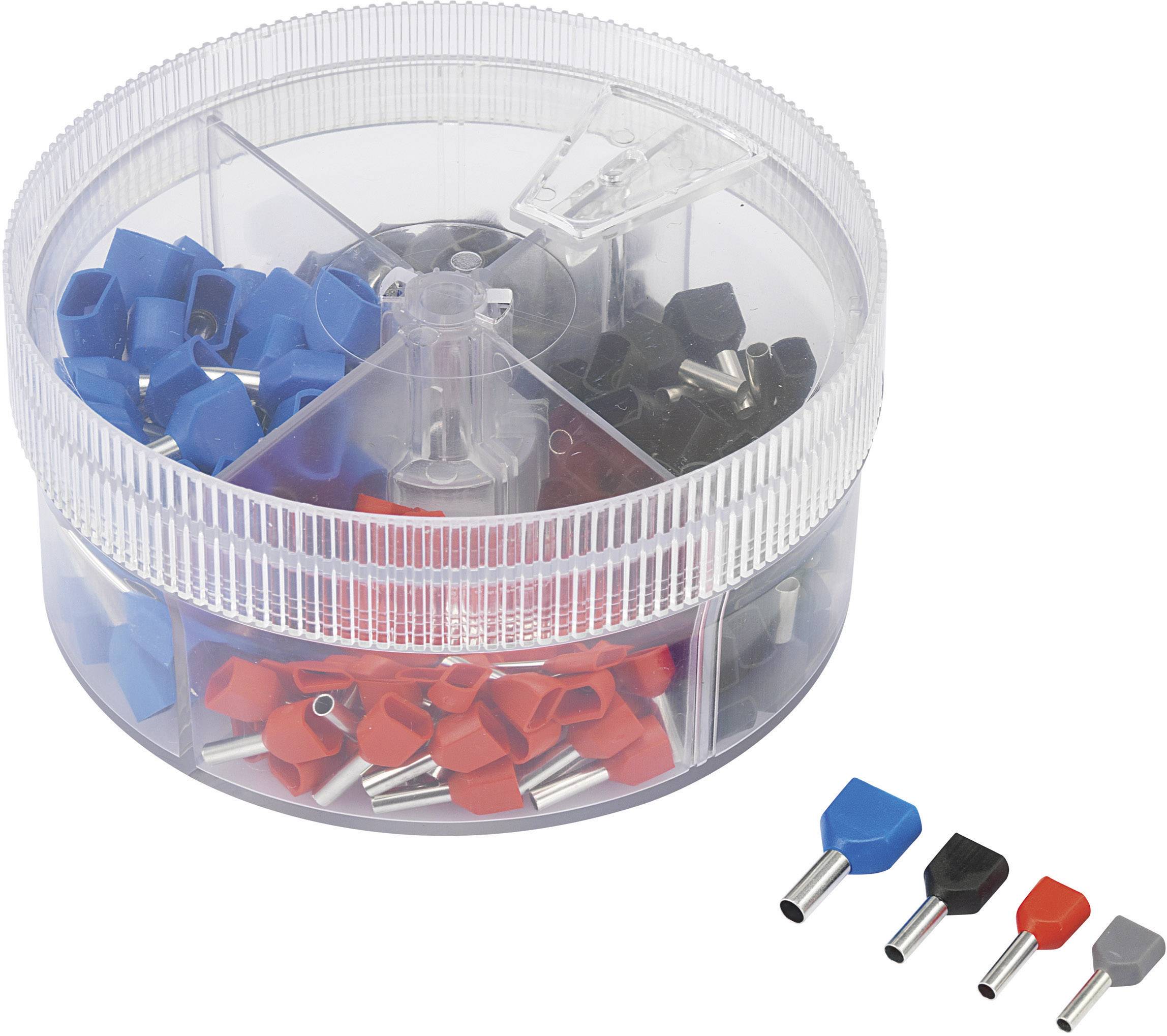 Round storage box with isolated cable end ferrules in red, blue, black and grey, with separate compartments for each colour, featuring a transparent lid.