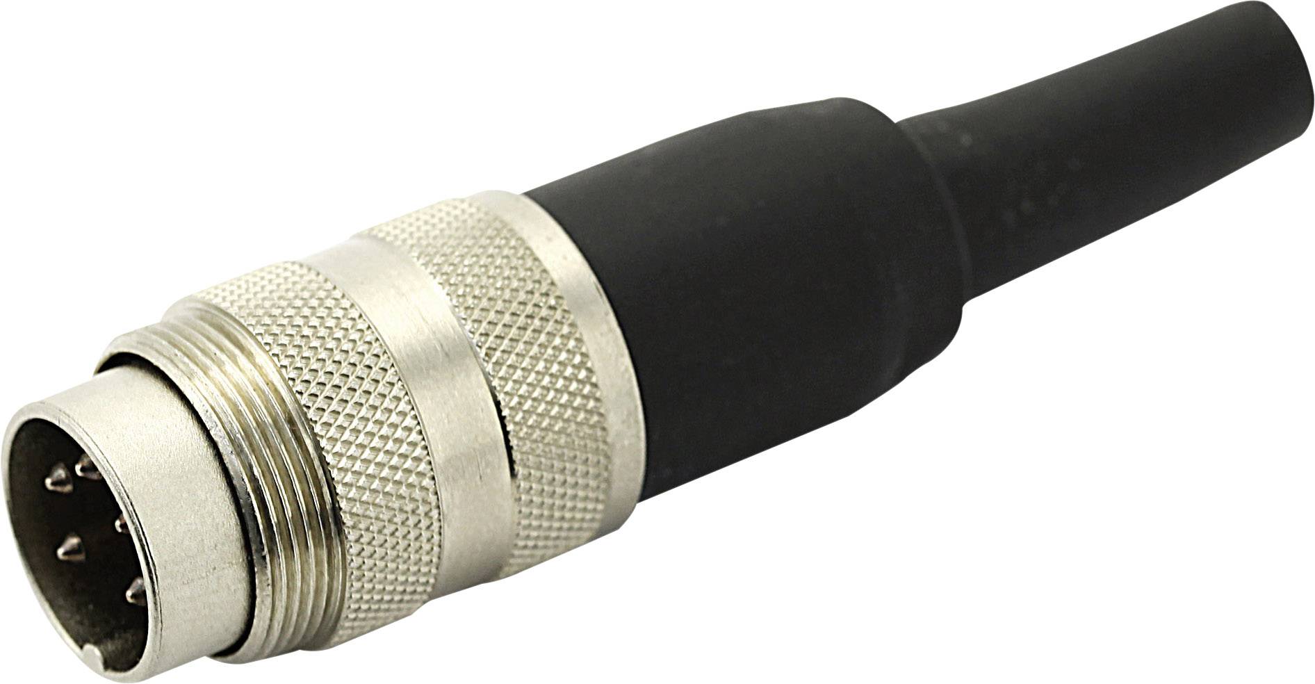 Close-up of a round connector with five metal pins and a black rubber grip, suitable for industrial applications.