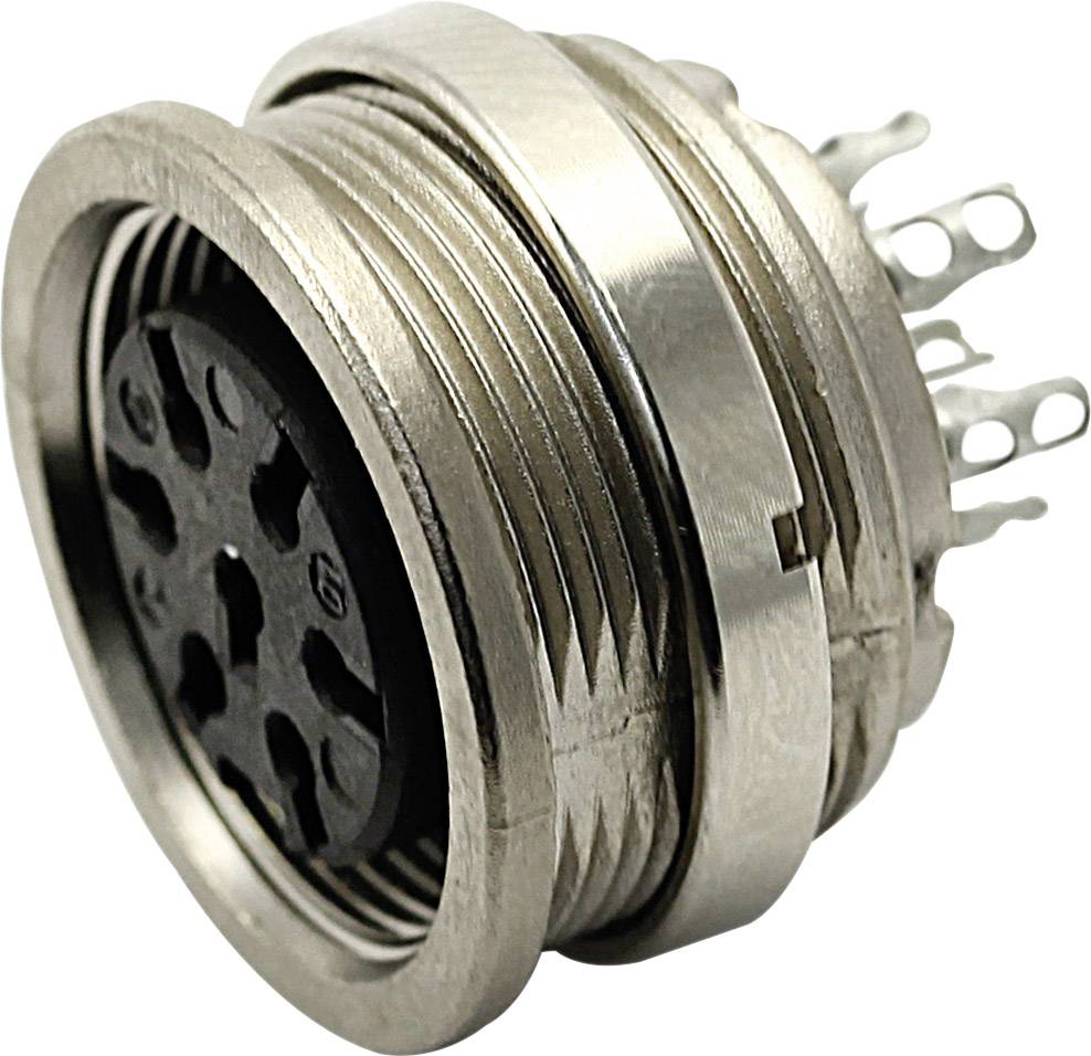 A round, metallic electrical connector with multiple pins, for connecting electrical devices, side view.