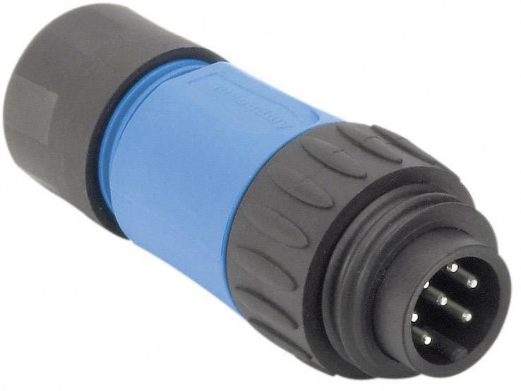 A black and blue electrical plug with multiple metal pins, used for connecting audio devices.