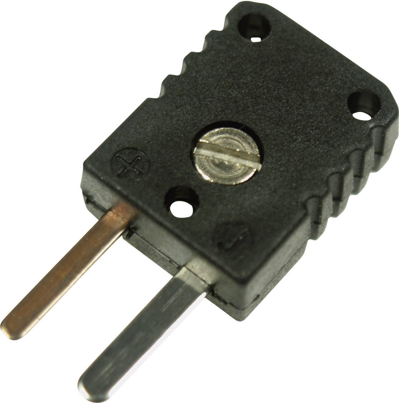 A thermocouple plug with two differently coloured metal pins in a black, rectangular plastic housing.