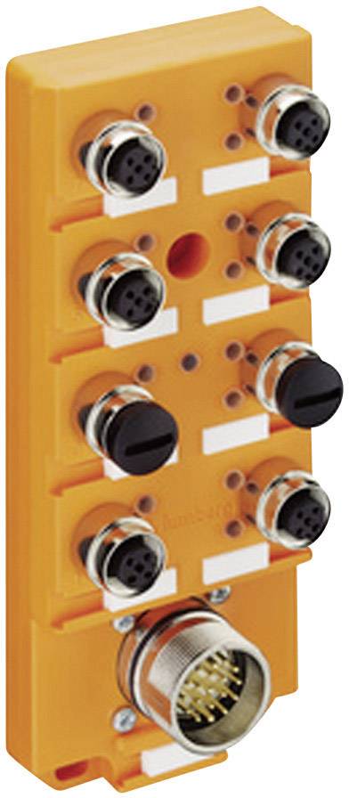 Orange-yellow connection module with seven circular connectors, including one larger connector at the bottom, for industrial wiring.
