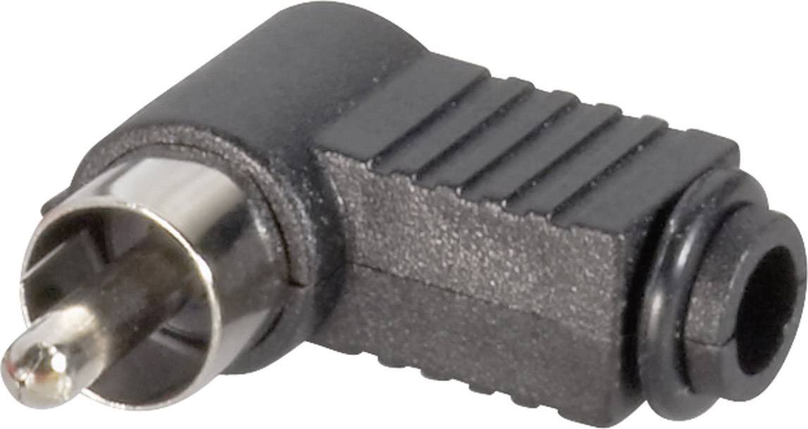 'Right-angled RCA plug' shows a male RCA audio connector with an angled housing, designed for space-saving connection in confined spaces.