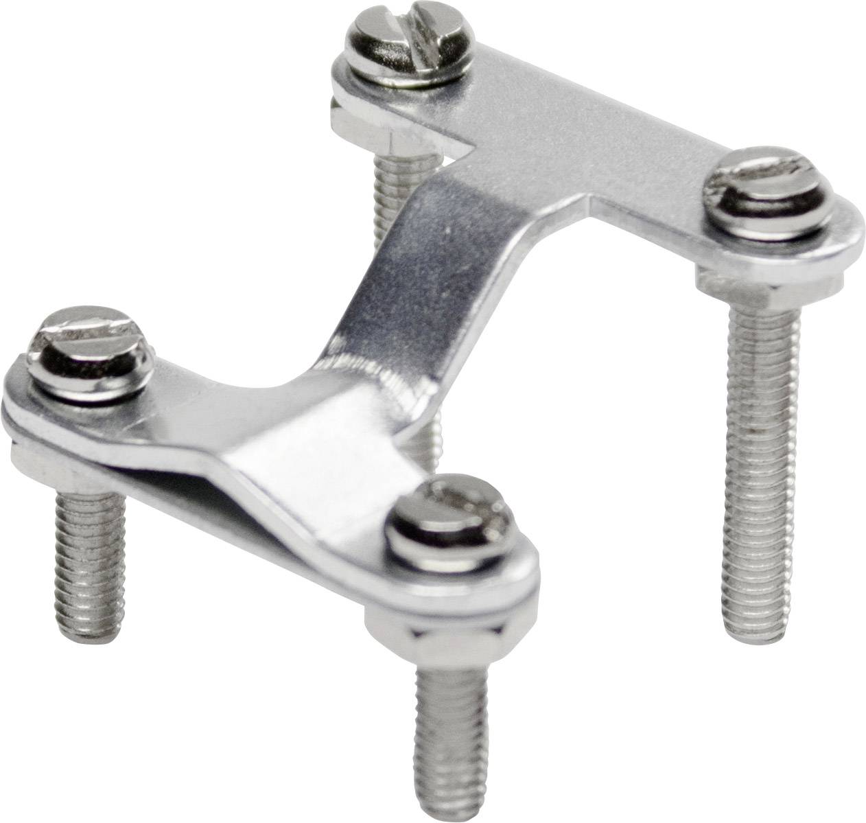 Metal connecting piece with two plates and four screws, which fixes components together. Used in electrical or mechanical constructions.