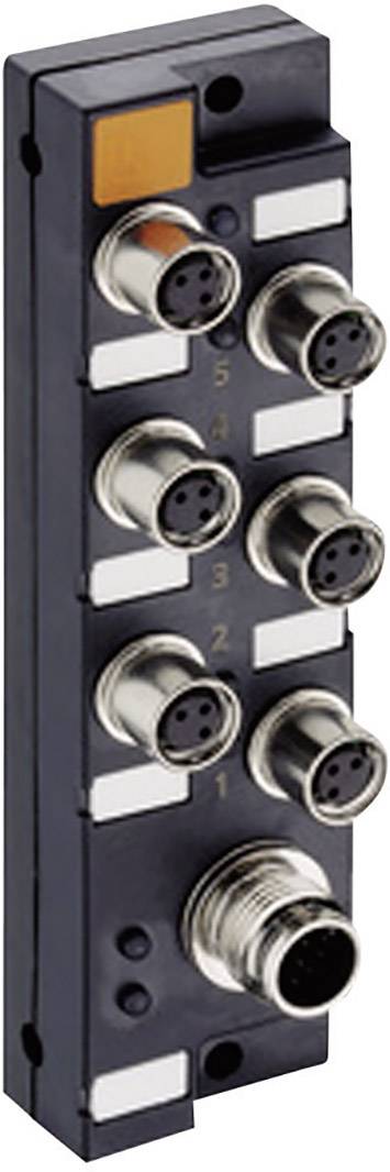 A rectangular industrial connection module with seven round connectors, numbered from 1 to 6, and a marked zone.