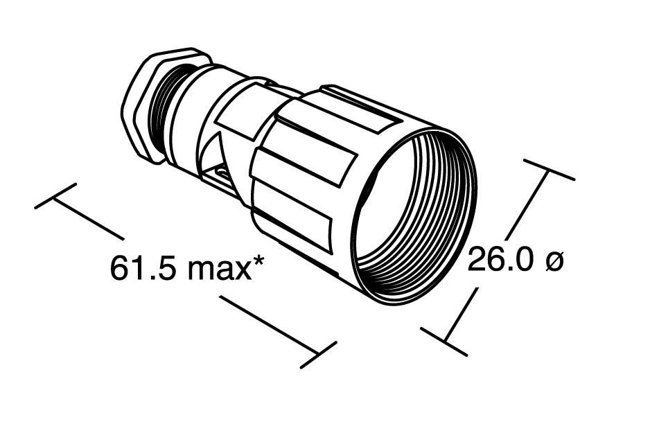 A technical drawing of a cylindrical component with a maximum length of 61.5 mm and a diameter of 26.0 mm.