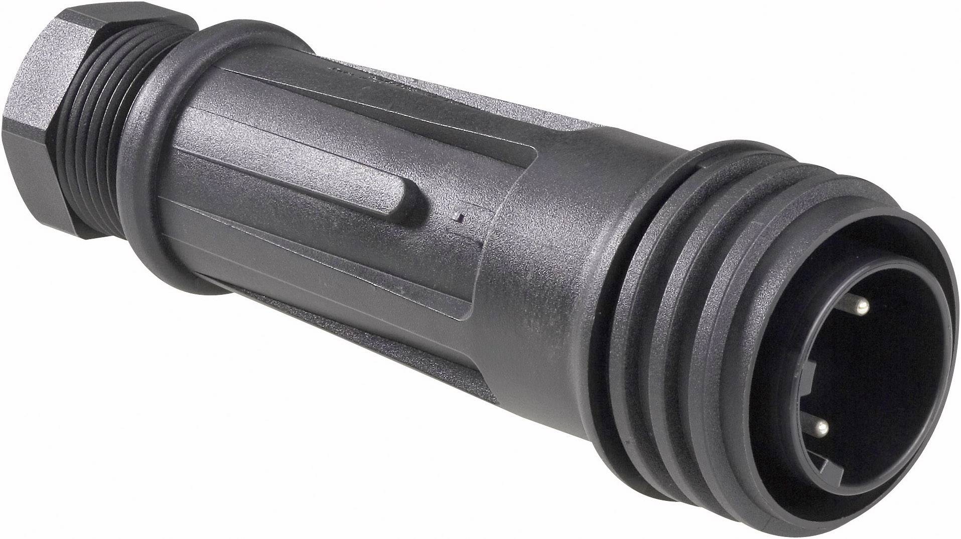 Black cylindrical plug with a ribbed grip, two metal pins and a threaded screw for secure connection.