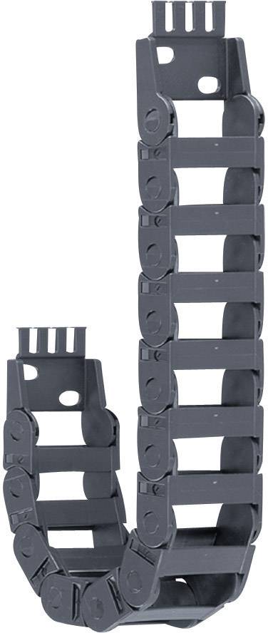 A black energy chain guide in a U-shape for cable routing in machinery or industrial applications.