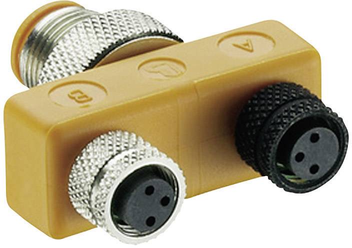 'Y-Distributor' made of metal and plastic, two black sockets and one silver push-in connector. Suitable for industrial applications.
