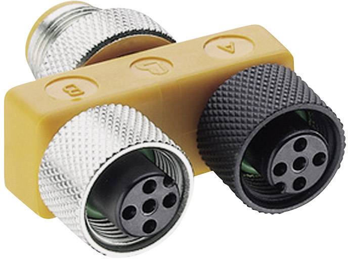 A yellow T-piece with three round push-fit connectors. Two black couplings on the right and left, with a metal coupling on top.