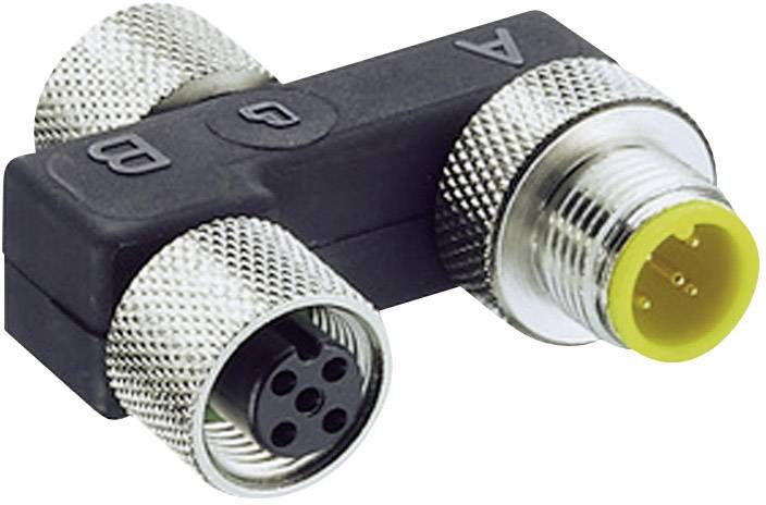 'Y-Piece Connector Adapter M12': Black plastic body with three round, metal-knurled connectors.