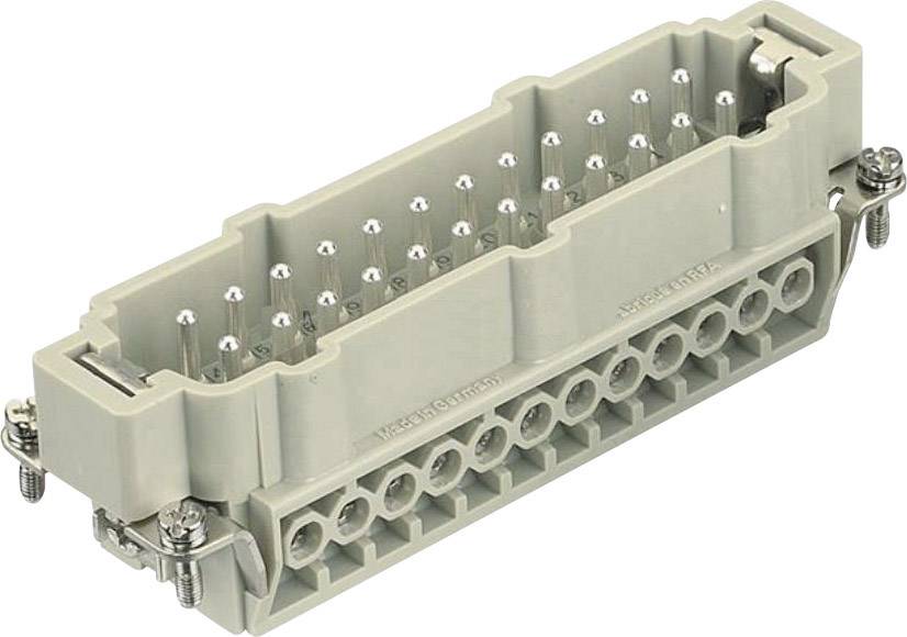 A rectangular, grey electrical connector with multiple pins and screw fixings on the sides.