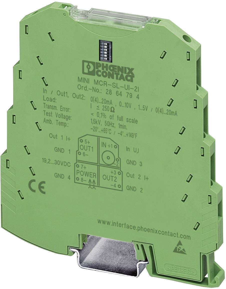 A green interface converter by Phoenix Contact. Labels indicate input and output areas, along with test voltage.
