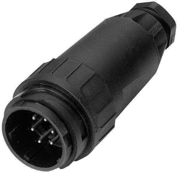 A black, cylindrical connector with multiple metal pins, suitable for electrical connections and industrial applications.