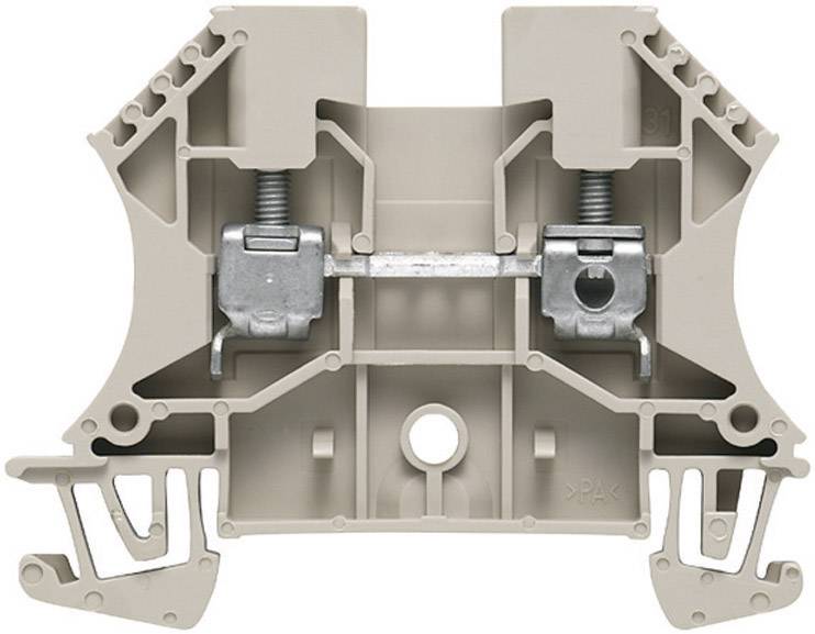 Terminal block in grey plastic, with two metal screws used for electrical connection in control panels.