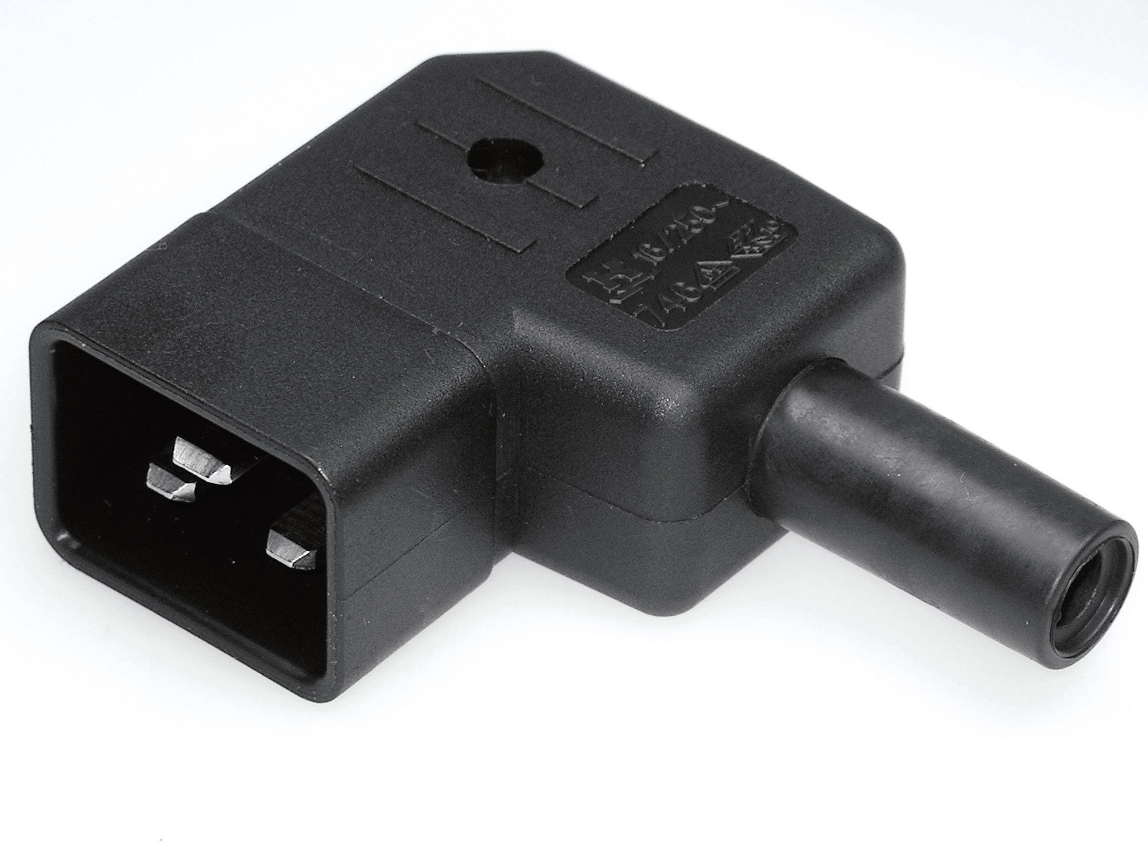 Black angle adapter with rectangular connection and round cable outlet; used for connecting electronic devices.