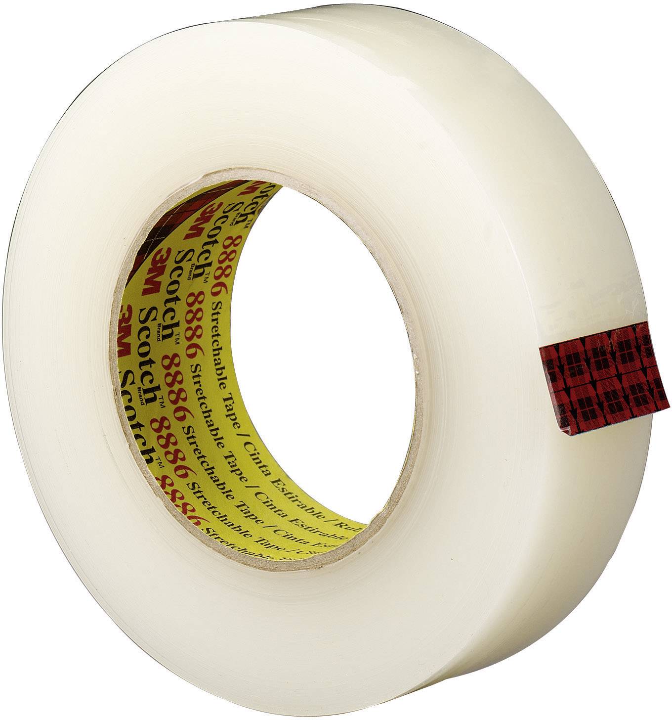 A roll of transparent adhesive tape with a red tartan print on the inside.