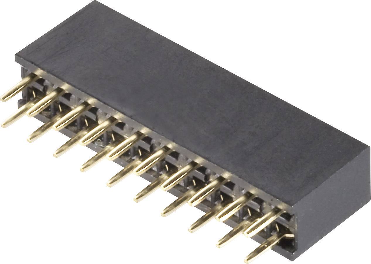 A rectangular connector with two rows of golden pins, six in each row, on a black housing.